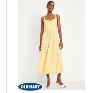 Old Navy Fit & Flare Sleeveless Linen Blend Midi Dress Butter Yellow sweetheart